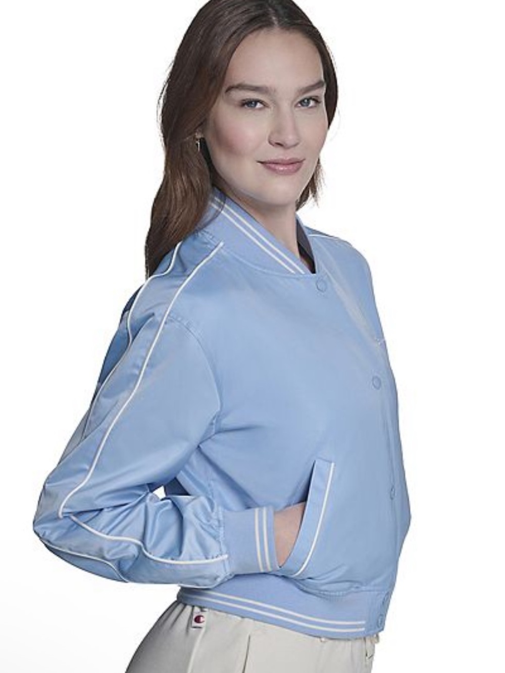 Champion NWT S Light Blue Satin Varsity Jacket White Trim